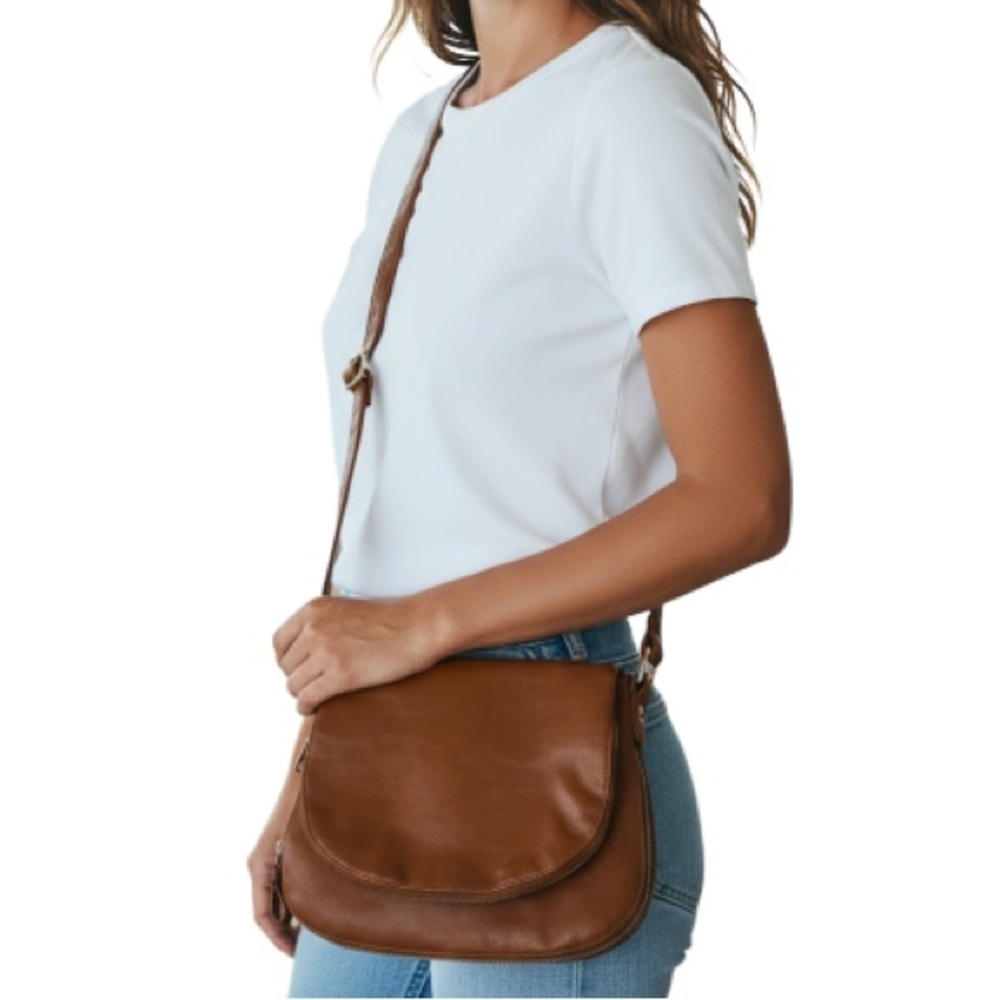 DLG Cognac Brown Faux Leather Saddle Bag Crossbody Purse Adjustable Strap Zips